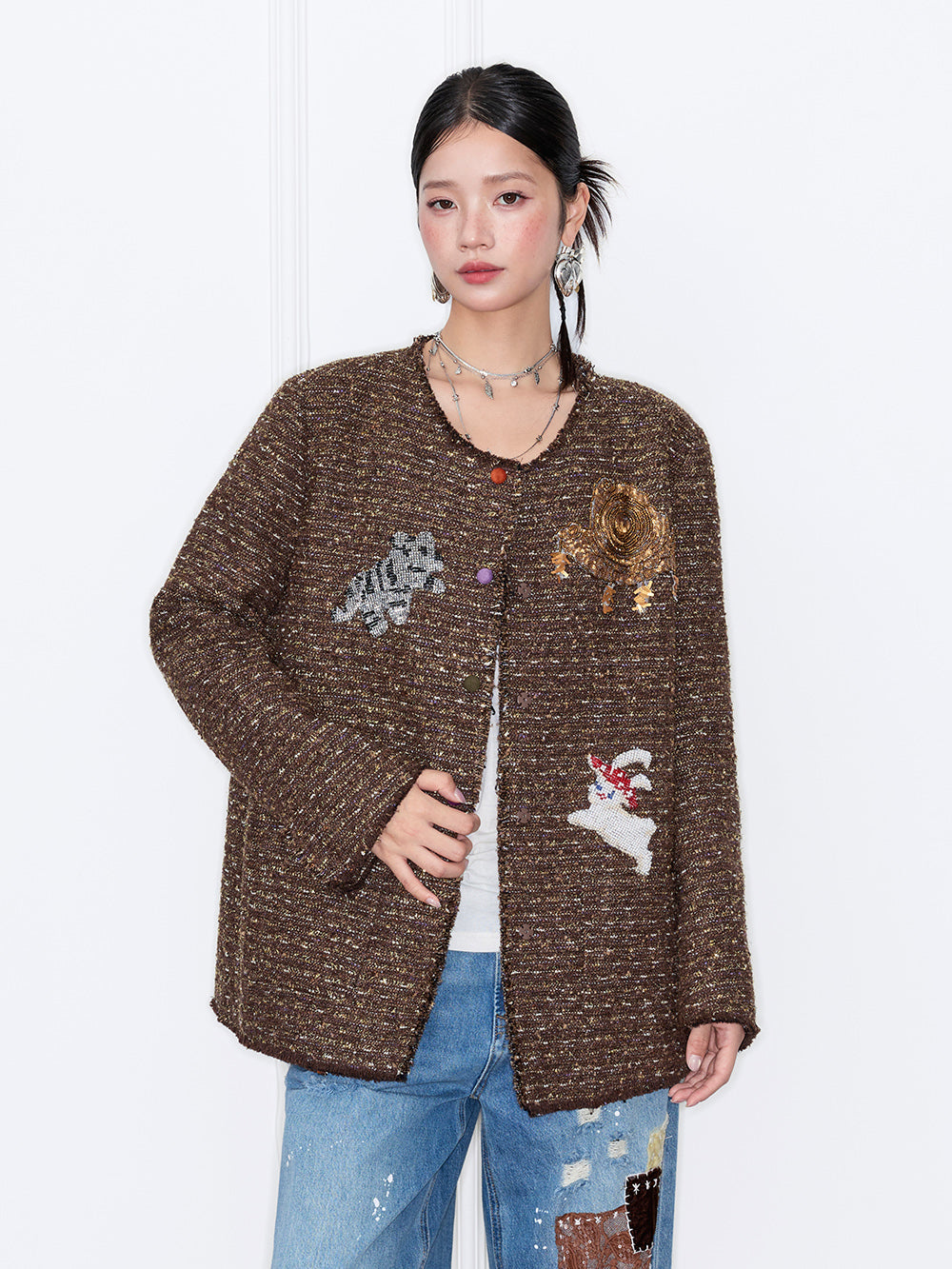 MUKZIN“Capsule Collection”Vintage Bouclé Jacket with 3D Appliqué - Round Neck Loose Fit