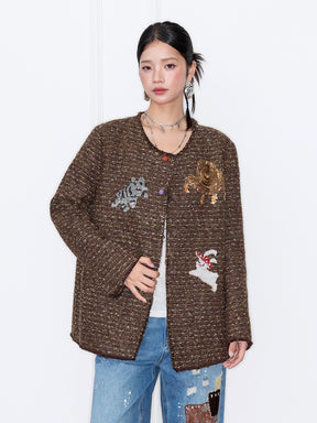 MUKZIN“Capsule Collection”Vintage Bouclé Jacket with 3D Appliqué - Round Neck Loose Fit