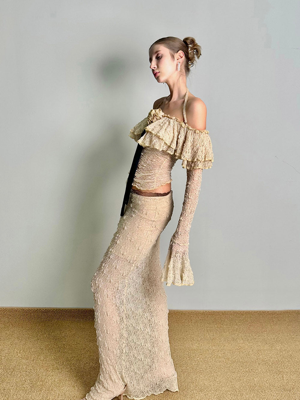 MUKTANK×Jqwention Bubble Texture Off Shoulder Fringe Slim Two Piece Skirt