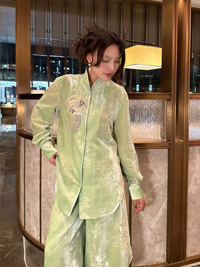 MUKZIN“Capsule Collection”Light Green Velvet Embroidered Mandarin Collar Shirt | Oriental Sequin Embellished High-Low Hem Blouse