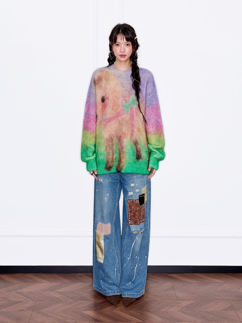 MUKZIN“The Sequence of Deer's Call”Rainbow Gradient Tie-Dye Pony Pattern Oversized Fuzzy Knit Sweater