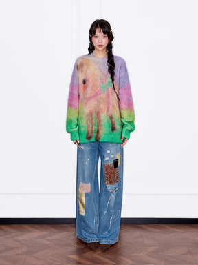 MUKZIN“The Sequence of Deer's Call”Rainbow Gradient Tie-Dye Pony Pattern Oversized Fuzzy Knit Sweater
