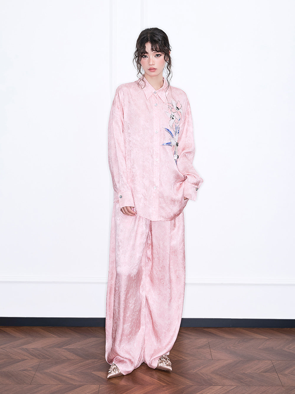 MUKZIN“Realm of Ethereal Mist”Pink Jacquard Floral Embroidered Shirt