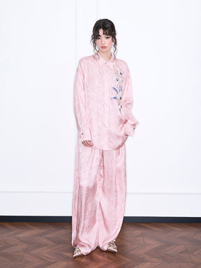 MUKZIN“Realm of Ethereal Mist”Pink Jacquard Floral Embroidered Shirt