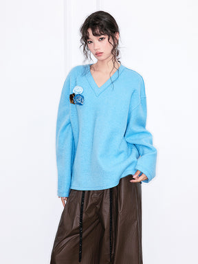 MUKZIN“Realm of Ethereal Mist”European-American Style Lazy Vibe Blue V-Neck Top with 3D Flower Embellishments