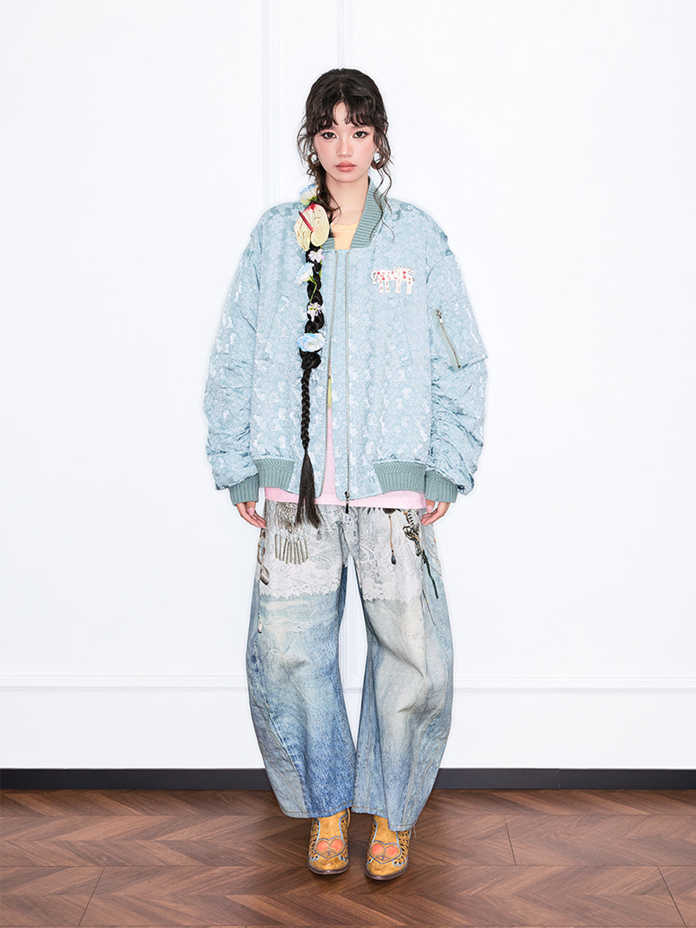 MUKZIN“Realm of Ethereal Mist”Retro Tie - Dye Embroidered Loose Bomber Jacket