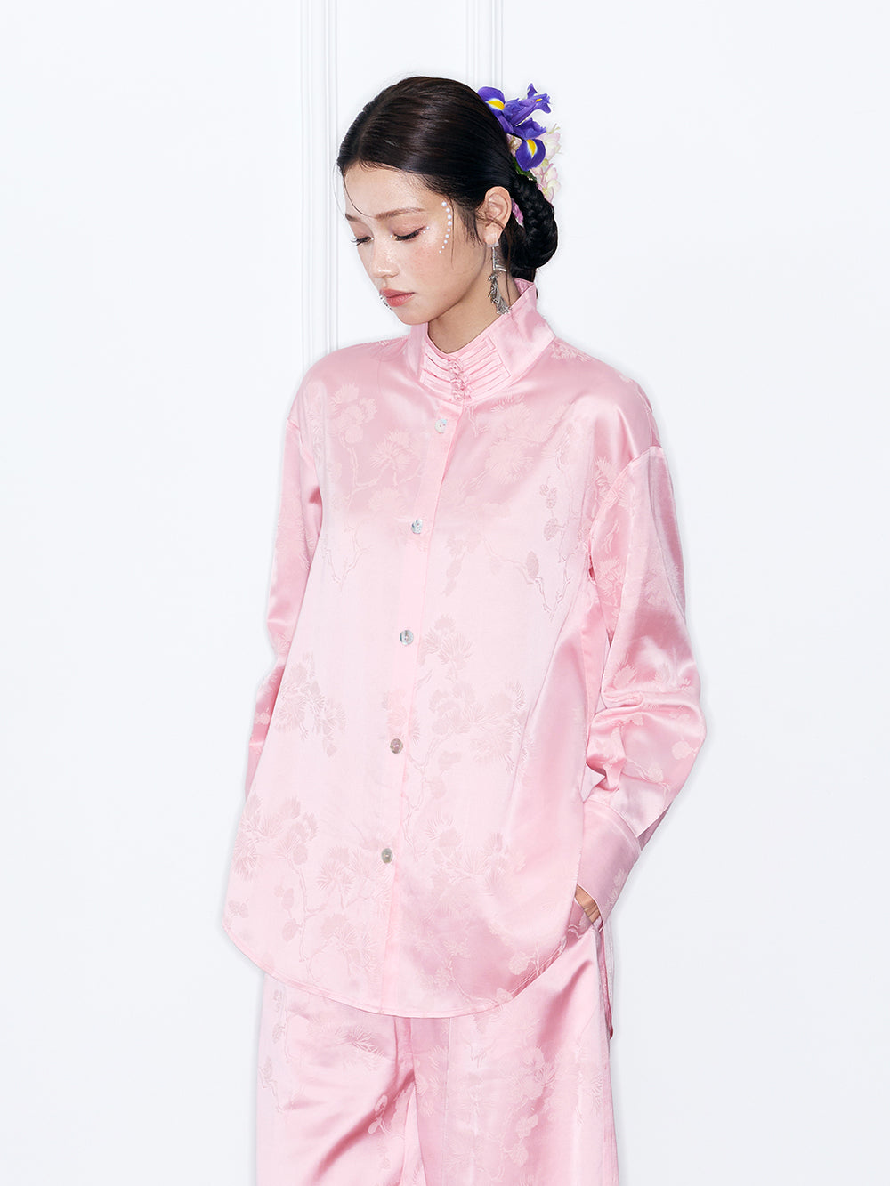 MUKZIN“Capsule Collection”New Chinese Style Light Pink/Black Jacquard Loose Shirt