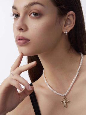 MUKTANK×SUN HUNTER Small lace cross pearl chain