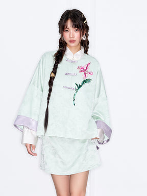 MUKZIN“Capsule Collection”Light Green Jacquard Frog Button Jacket with 3D Floral Sequin Embroidery, Loose Short Style