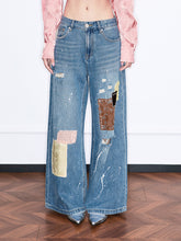 MUKZIN“Realm of Ethereal Mist”Vintage Blue Distressed Wide - Leg Jeans with Patchwork & Paint Splatter