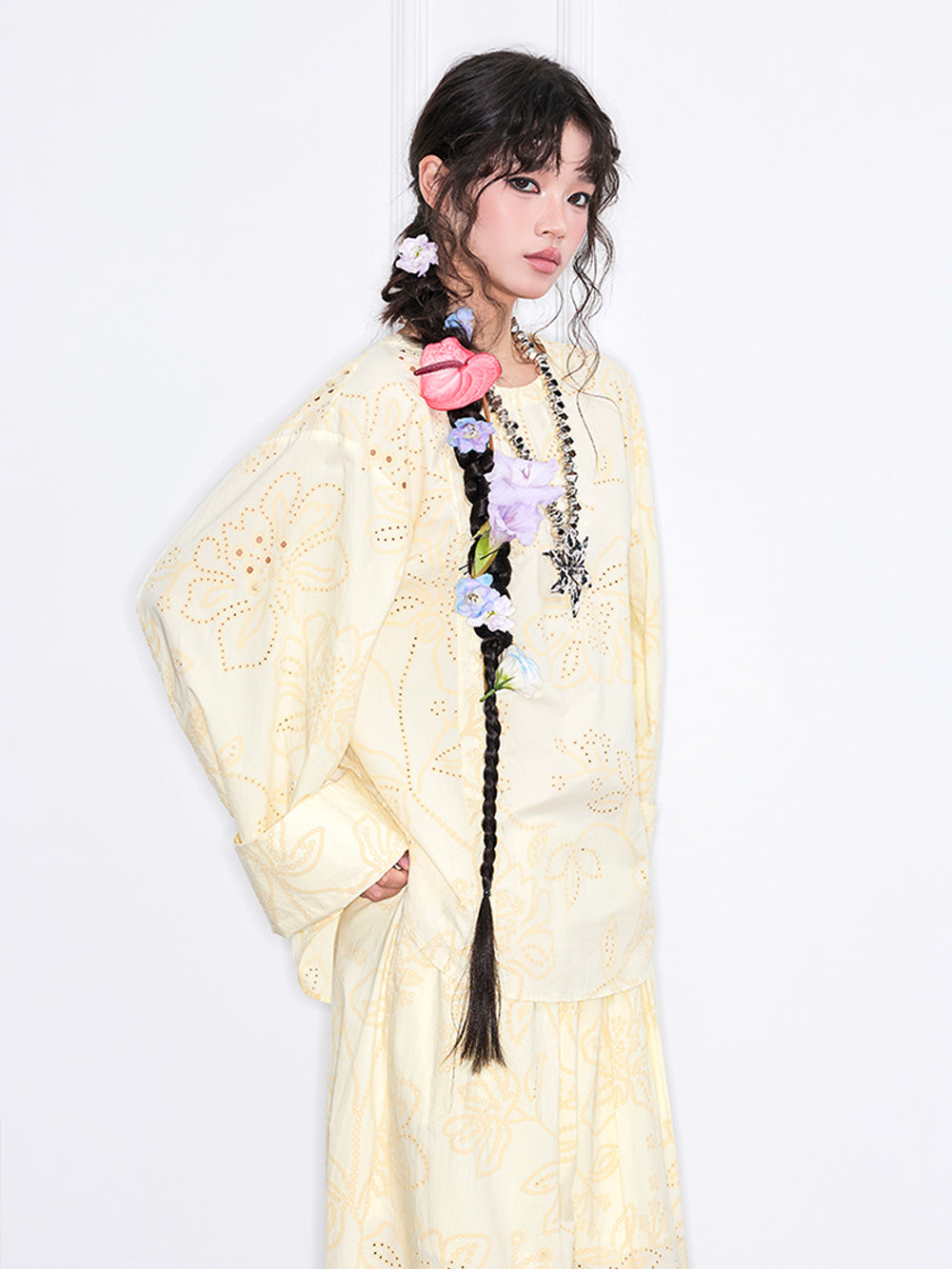 MUKZIN“Realm of Ethereal Mist”Light Yellow Floral Hollow - out Loose Top