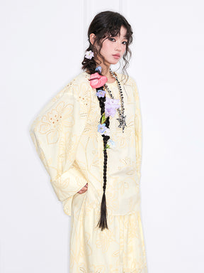 MUKZIN“Realm of Ethereal Mist”Light Yellow Floral Hollow - out Loose Top