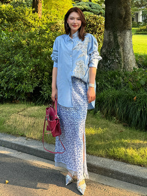 MUKZIN¡°Capsule Collection¡±Light Blue Sequin Embellished Floral Midi Skirt | Oriental High-Waist Slit Skirt