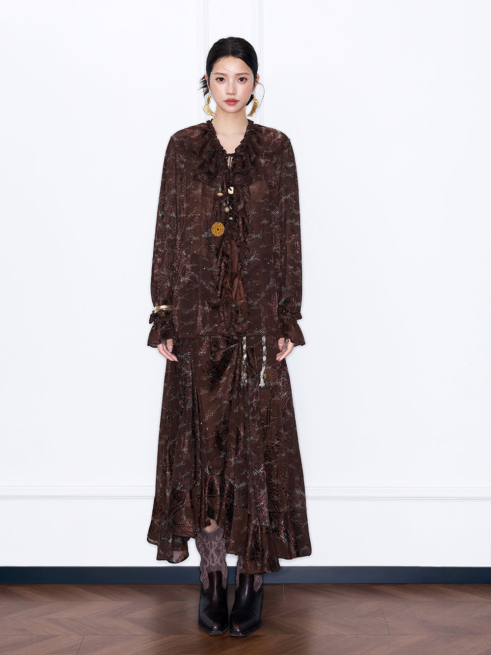 MUKZIN“Capsule Collection”Sheer Embroidered Brown Maxi Skirt | High Waist Boho Slit Skirt