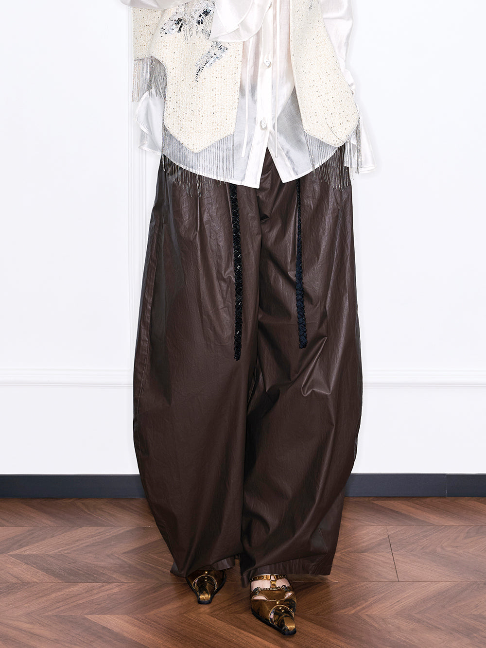 MUKZIN“Realm of Ethereal Mist”Dark Mocha Drawstring Waist Wide-Leg Pants