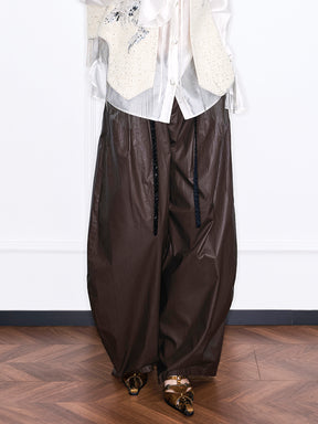 MUKZIN“Realm of Ethereal Mist”Dark Mocha Drawstring Waist Wide-Leg Pants