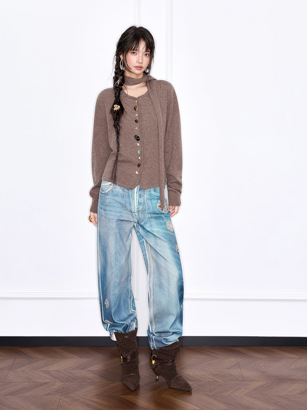 MUKZIN“The Sequence of Deer's Call”Coffee Color Halter Collar Colorful Button Decor Knit Cardigan