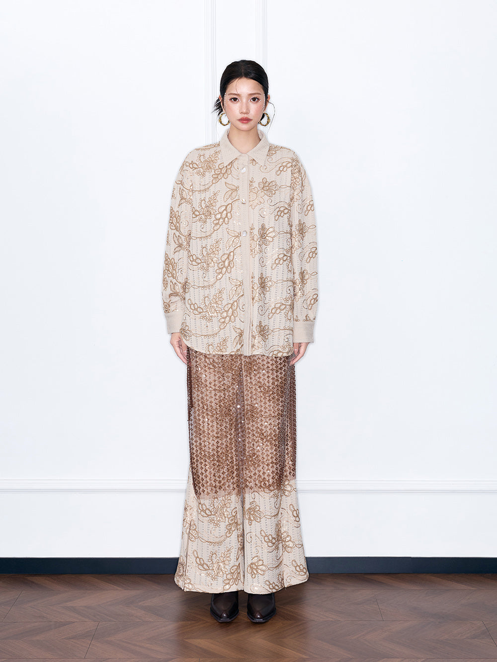 MUKZIN“Capsule Collection”Beige Floral Embroidered Oversized Button-Down Shirt | Oriental Sequin Embellished Long Sleeve Blouse