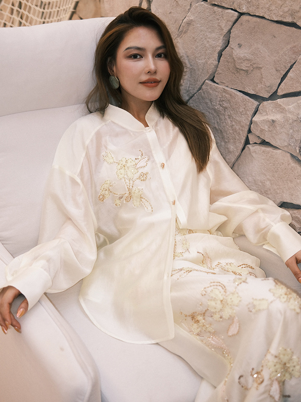 MUKZIN“Capsule Collection”Chinese-style Stand-up Collar Beige Embroidered Loose Silk Shirt