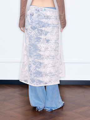 MUKZIN“Night Ballad of Chang'an”Women's Floral Lace Overlay Flare Jeans Beaded High Waist Denim Pants