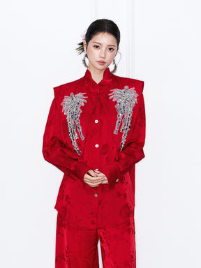 MUKZIN“Capsule Collection”Red Jacquard Oriental Cloud Shoulder Cape | Sequin & Beaded Embellished Detachable Collar