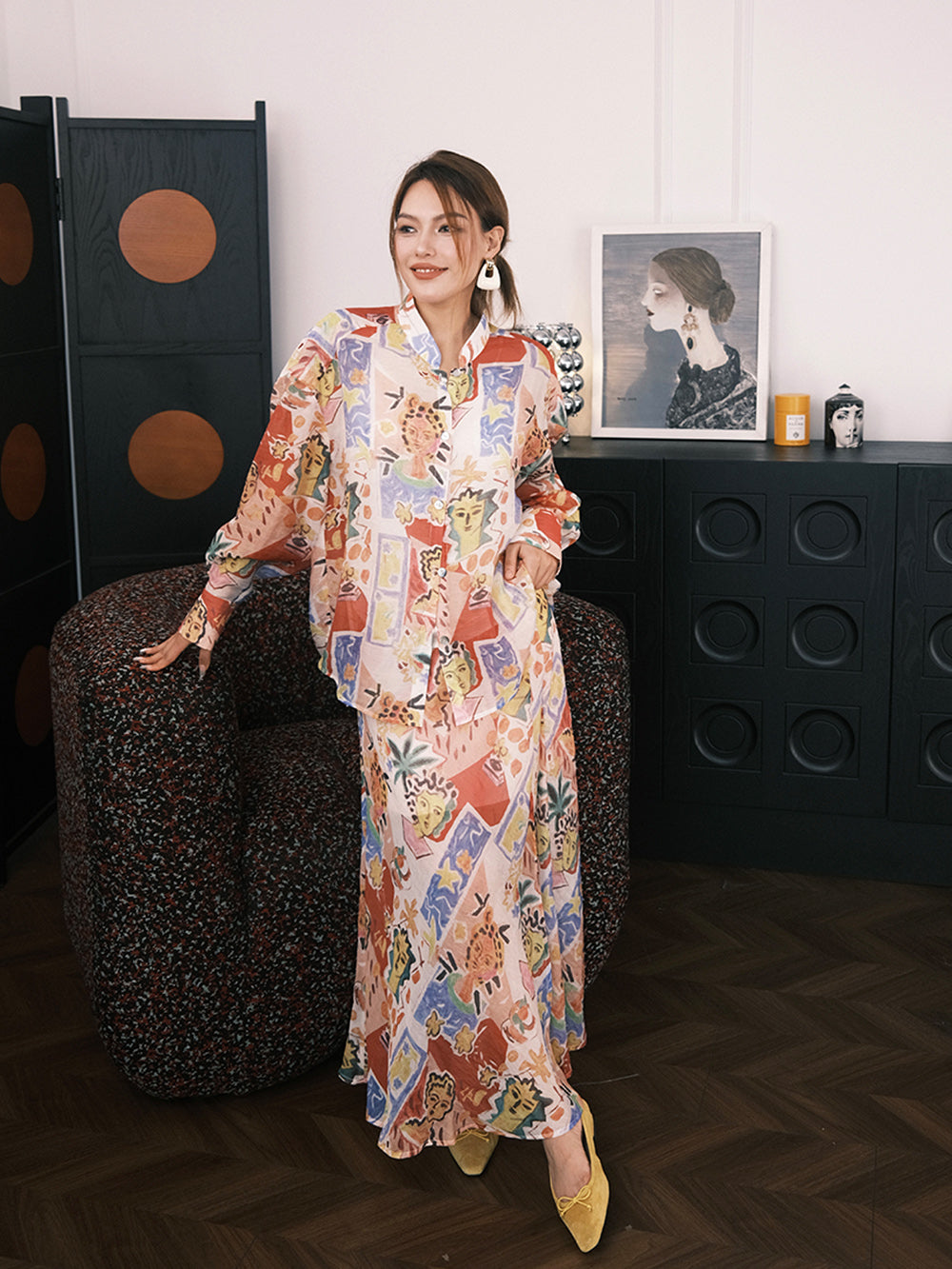 MUKZIN“Capsule Collection”Flowy Long Midi Skirt with Abstract Figure Prints