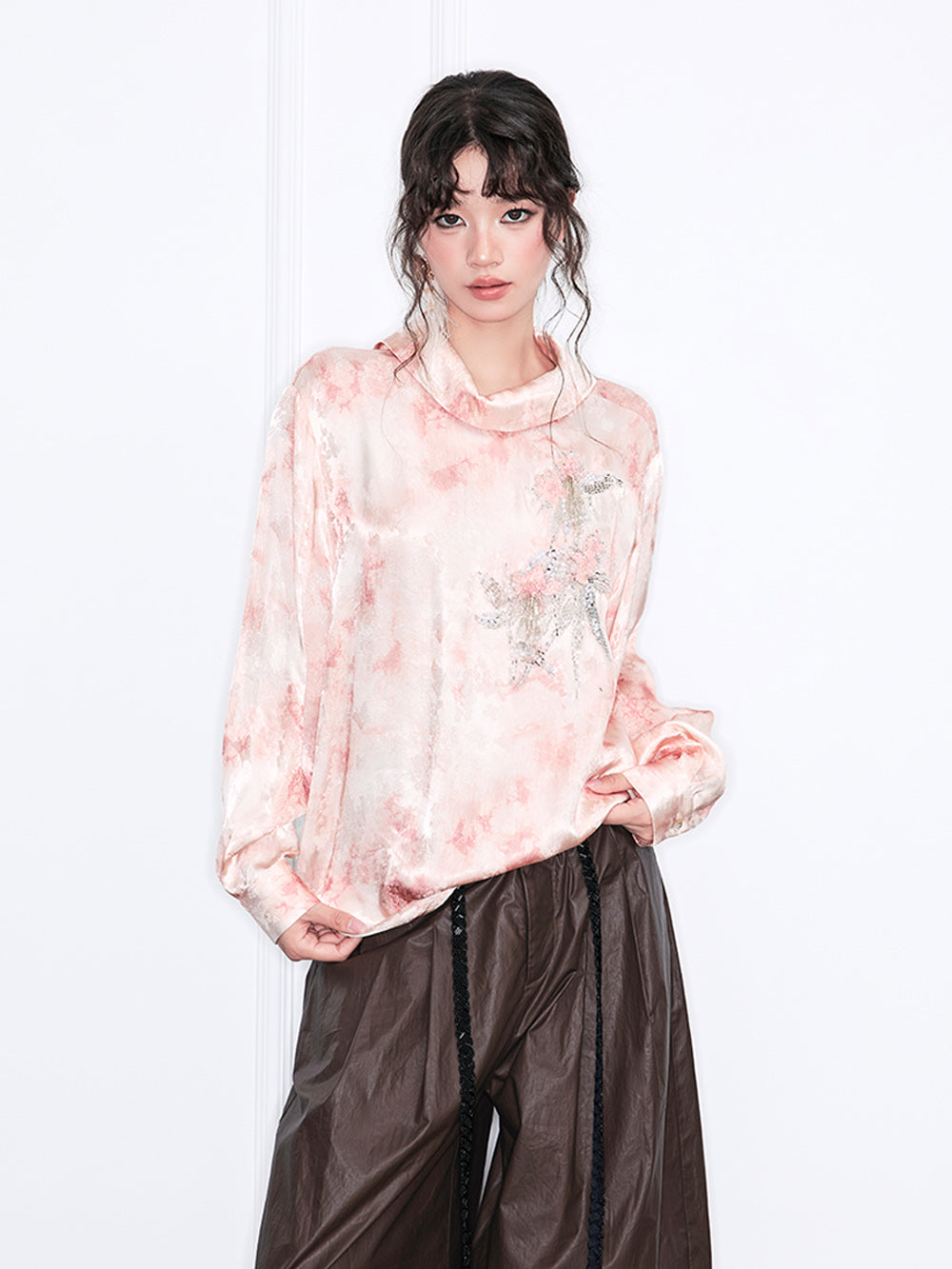 MUKZIN“Realm of Ethereal Mist”European-American Style Silky Draping Pink Gradient Long-Sleeve Shirt with Rhinestones & Slouchy Collar
