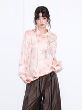MUKZIN“Realm of Ethereal Mist”European-American Style Silky Draping Pink Gradient Long-Sleeve Shirt with Rhinestones & Slouchy Collar