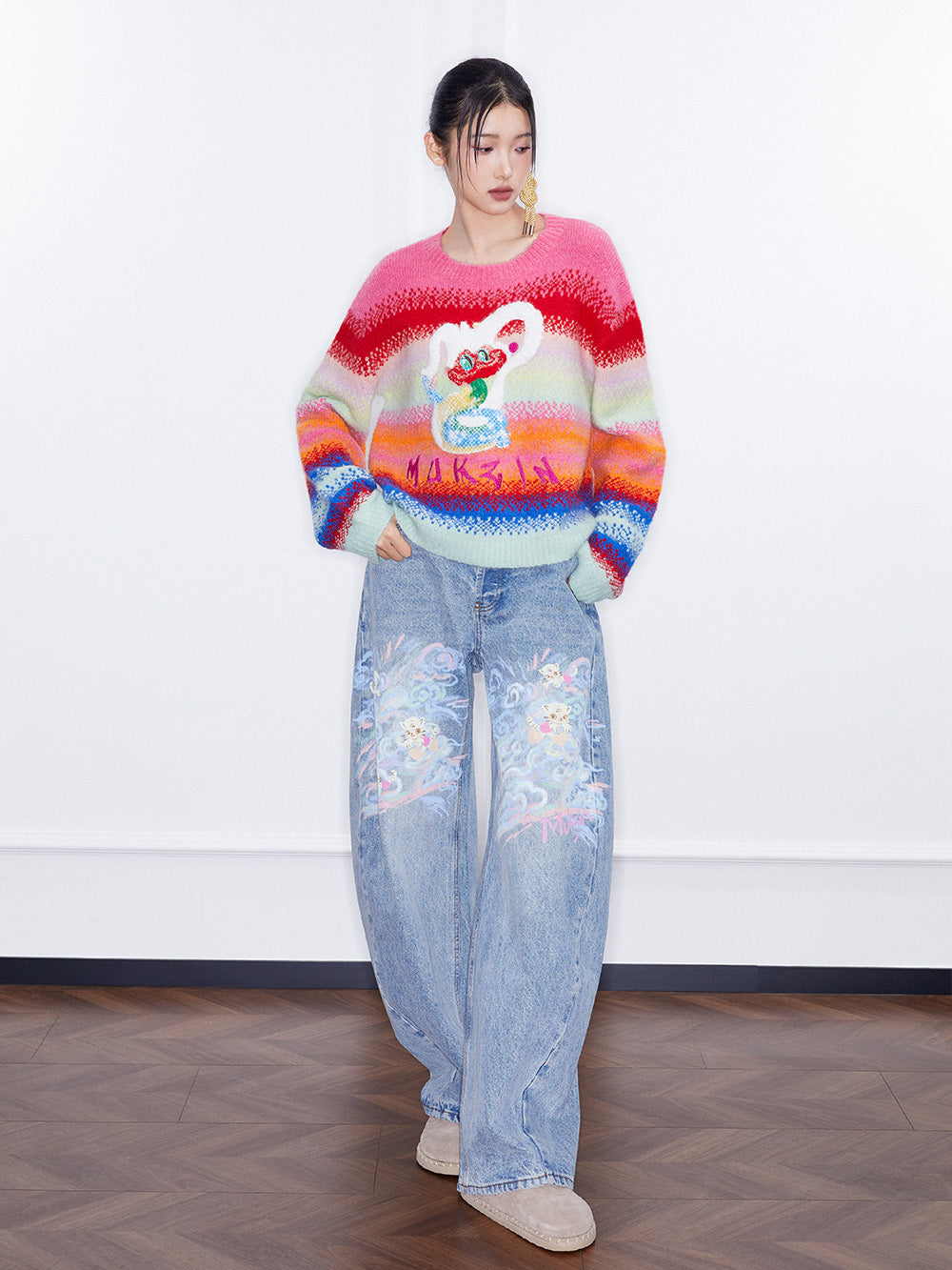 MUKZIN Spring Prelude"Flower Snake Brings Blessings" Short Rainbow Color-blocking Sweater