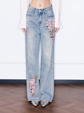 MUKZIN“Night Ballad of Chang'an”Floral Embroidered Wide-Leg Jeans | Distressed Vintage Denim Pants with Sequin Floral Appliques