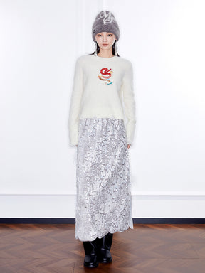 MUKZIN Linglong Long —Snake Embroidery Mohair Blend Sweater (White/Grey)