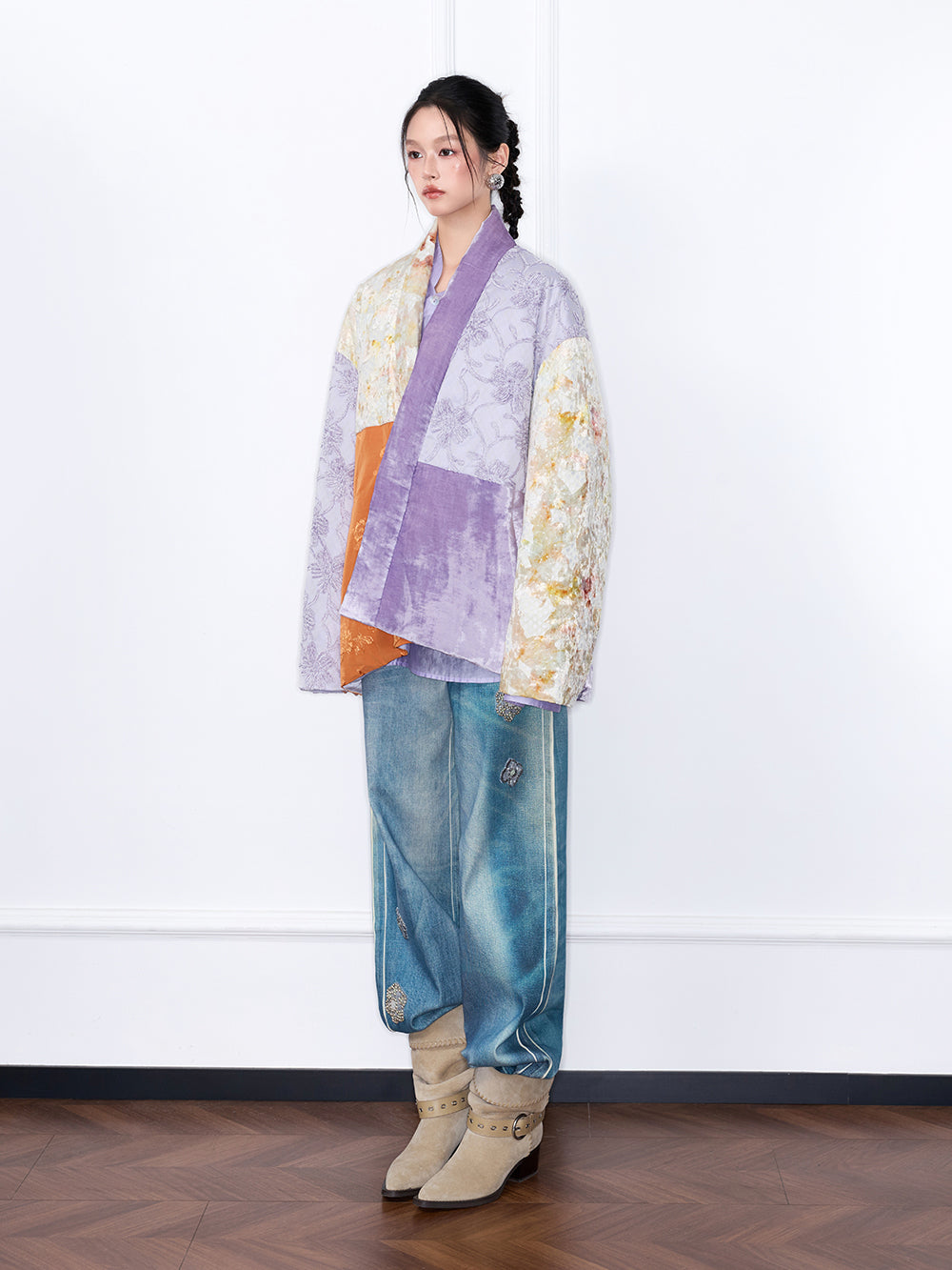 MUKZIN¡°Capsule Collection¡±Patchwork Oriental Puffer Jacket | Floral Embroidered Velvet & Jacquard Mixed Media Wrap Coat