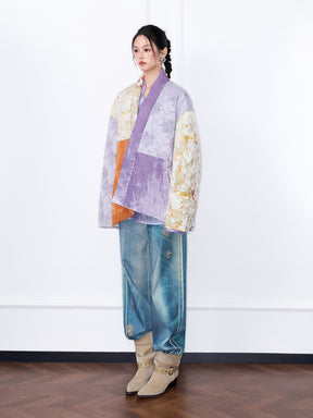 MUKZIN¡°Capsule Collection¡±Patchwork Oriental Puffer Jacket | Floral Embroidered Velvet & Jacquard Mixed Media Wrap Coat