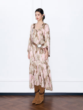 MUKZIN“Capsule Collection”Pink Abstract Print Tiered Maxi Dress | Oriental Sequin Embellished Long Sleeve Dress with Belt