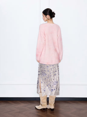 MUKZIN“The Sequence of Deer's Call”Pink/Green Halo Tie-Dye Distressed Decor Oversized Fuzzy Knit Sweater