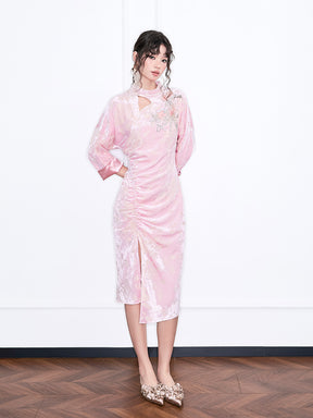 MUKZIN“Realm of Ethereal Mist”National Style Improved Pink Velvet Embroidered Hollowed-out Pleated Slit Dress