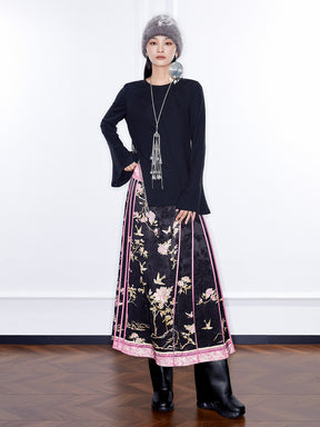 MUKZIN  Linglong “Abundant Flowers”Straight-Leg Pleated Skirt.