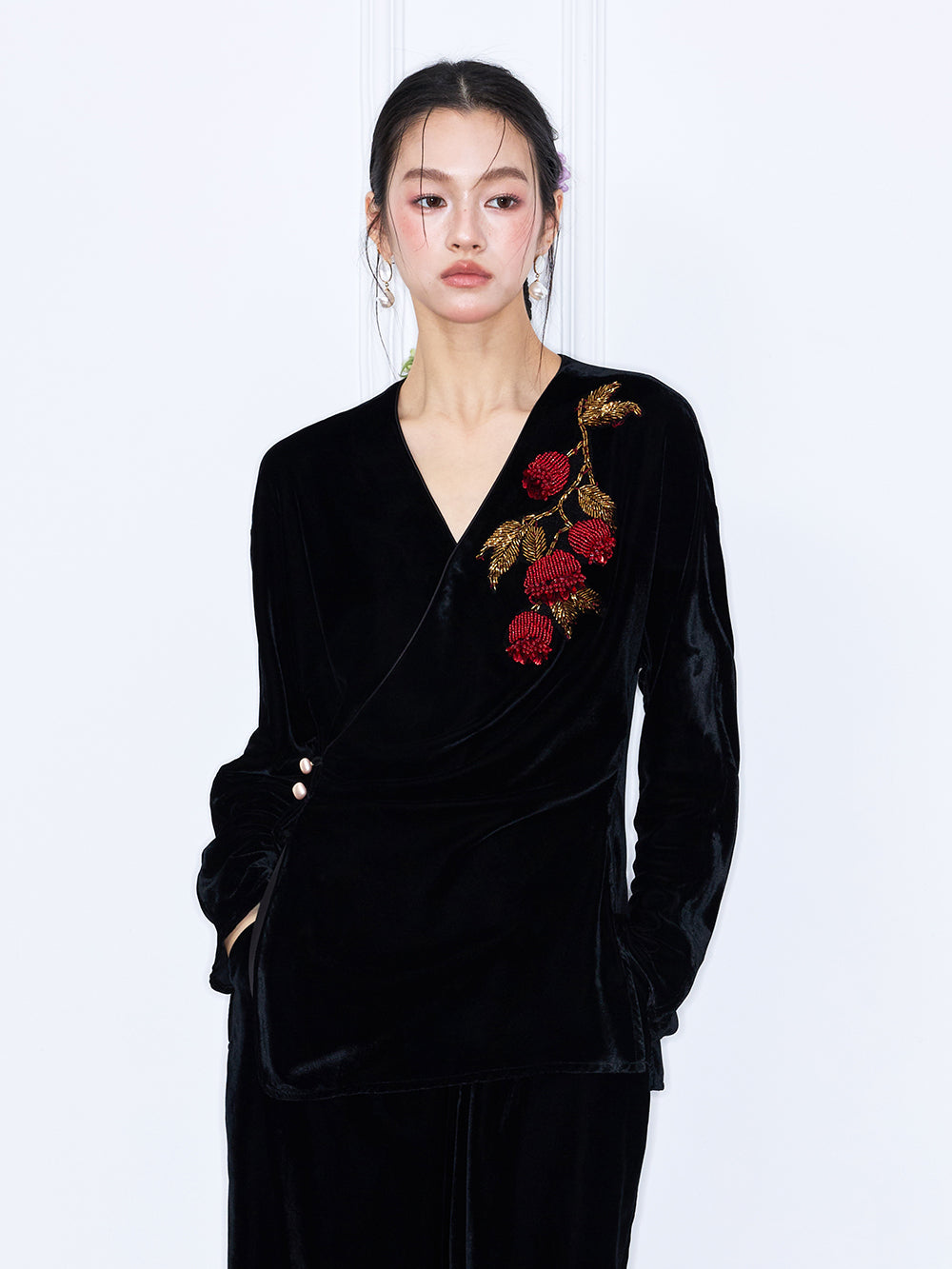 MUKZIN“Capsule Collection”Velvet Wrap Top with Red Floral Embroidery