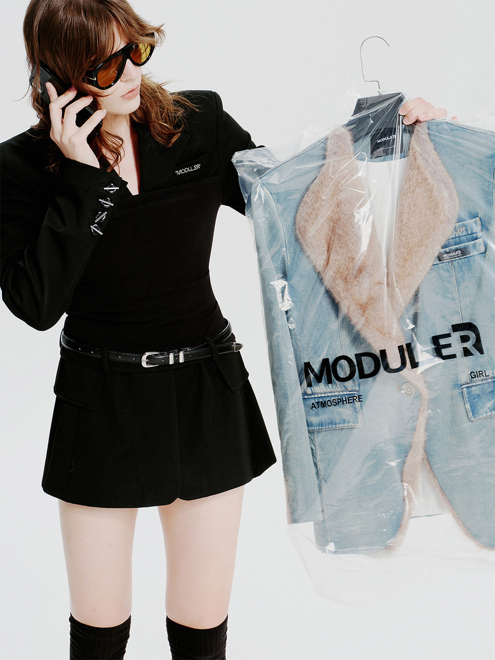 MUKTANK×MODULER Knit Crop Top Paneled Slim-Fit Blazer Dress
