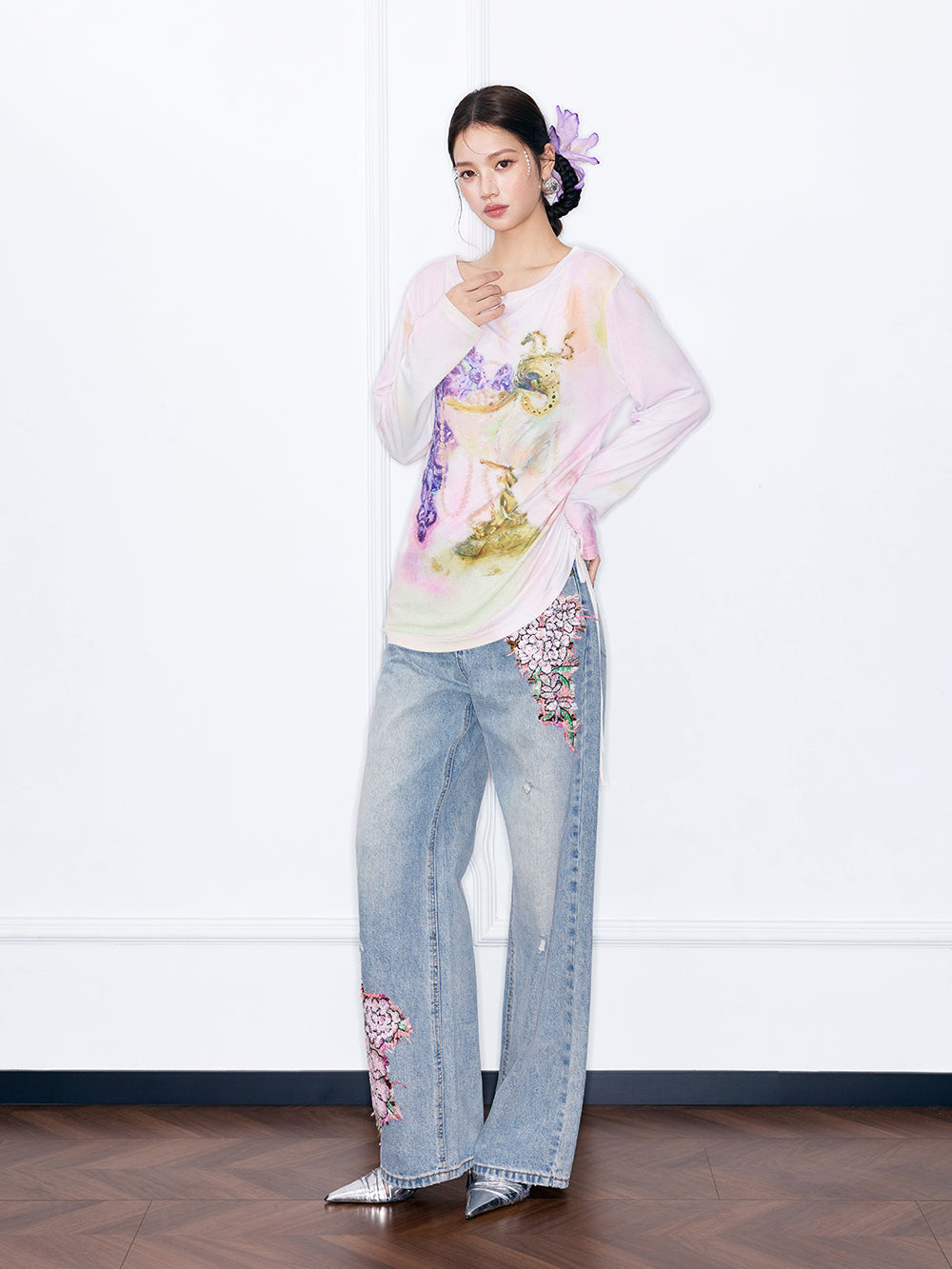 MUKZIN“Night Ballad of Chang'an”Grape & Goblet Watercolor Print Long Sleeve Top | Artistic Tie-Dye Tee