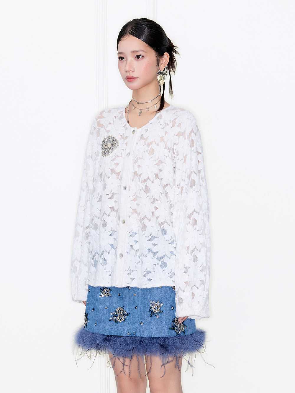 MUKZIN“Capsule Collection”White Lace Puff-Sleeve Cardigan
