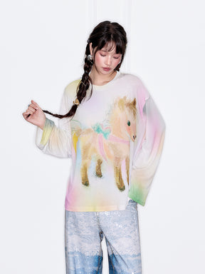 MUKZIN“The Sequence of Deer's Call”Macaron Gradient Pony Print Oversized Sheer Long-Sleeve Top