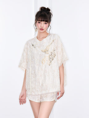 MUKZIN "Ode to the New Summer"Embroidery Sequin National Style Improved Frog Button Loose Chinese-style Short-sleeve Shirt
