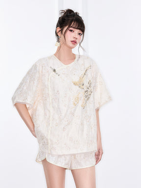 MUKZIN "Ode to the New Summer"Embroidery Sequin National Style Improved Frog Button Loose Chinese-style Short-sleeve Shirt