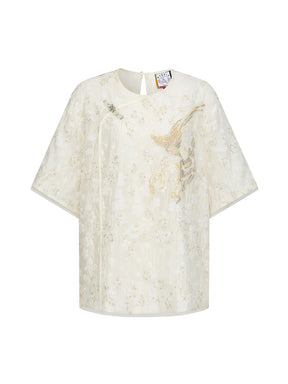 MUKZIN "Ode to the New Summer"Embroidery Sequin National Style Improved Frog Button Loose Chinese-style Short-sleeve Shirt