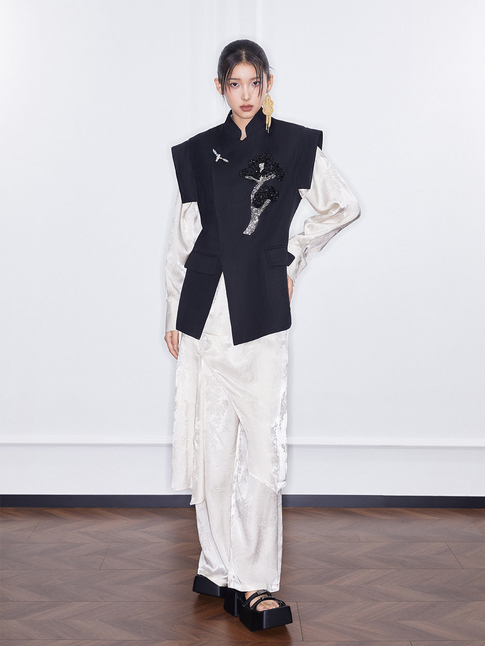 MUKZIN Spring Prelude "Peacock Feather" New Chinese  Style Fake Two Piece Wide Leg Trousers Spring Summer