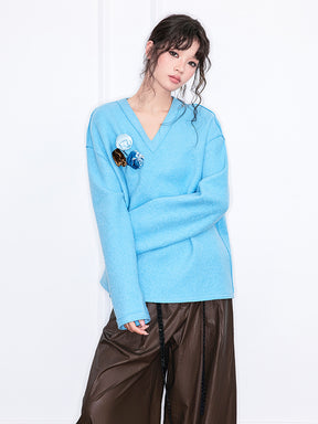 MUKZIN“Realm of Ethereal Mist”European-American Style Lazy Vibe Blue V-Neck Top with 3D Flower Embellishments