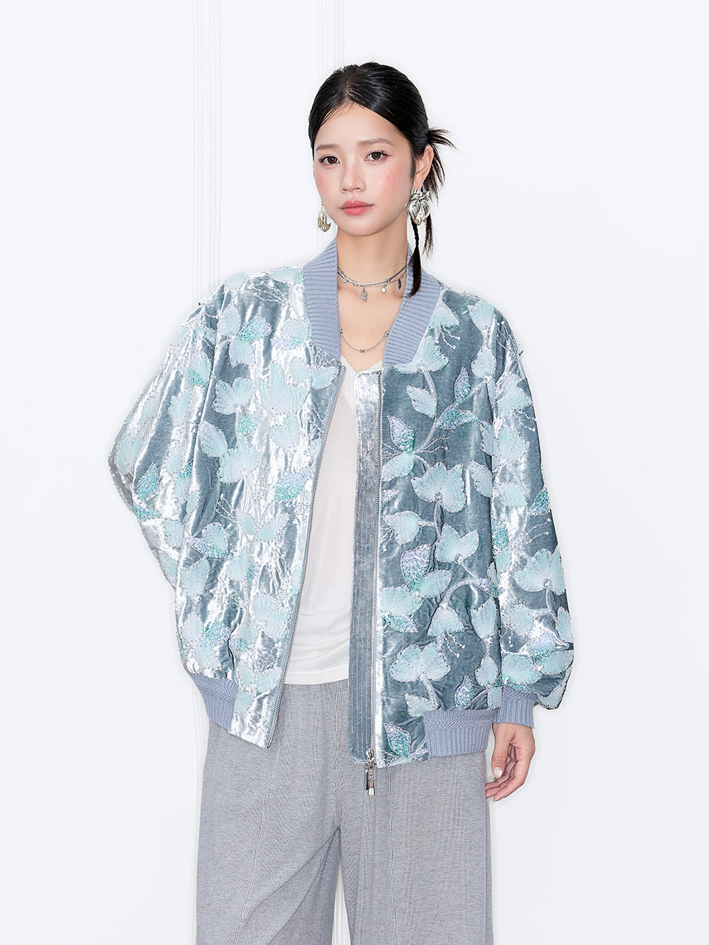 MUKZIN“Capsule Collection”Silver Gray Velvet Jacquard Baseball Jacket