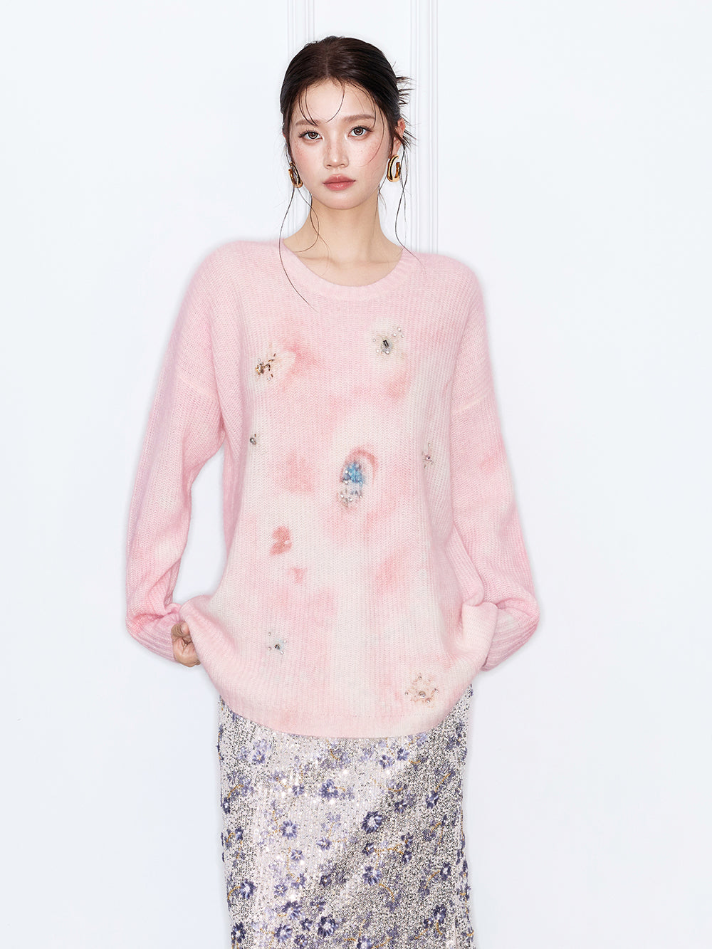 MUKZIN“The Sequence of Deer's Call”Pink/Green Halo Tie-Dye Distressed Decor Oversized Fuzzy Knit Sweater