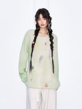MUKZIN“The Sequence of Deer's Call”Pink/Green Halo Tie-Dye Distressed Decor Oversized Fuzzy Knit Sweater